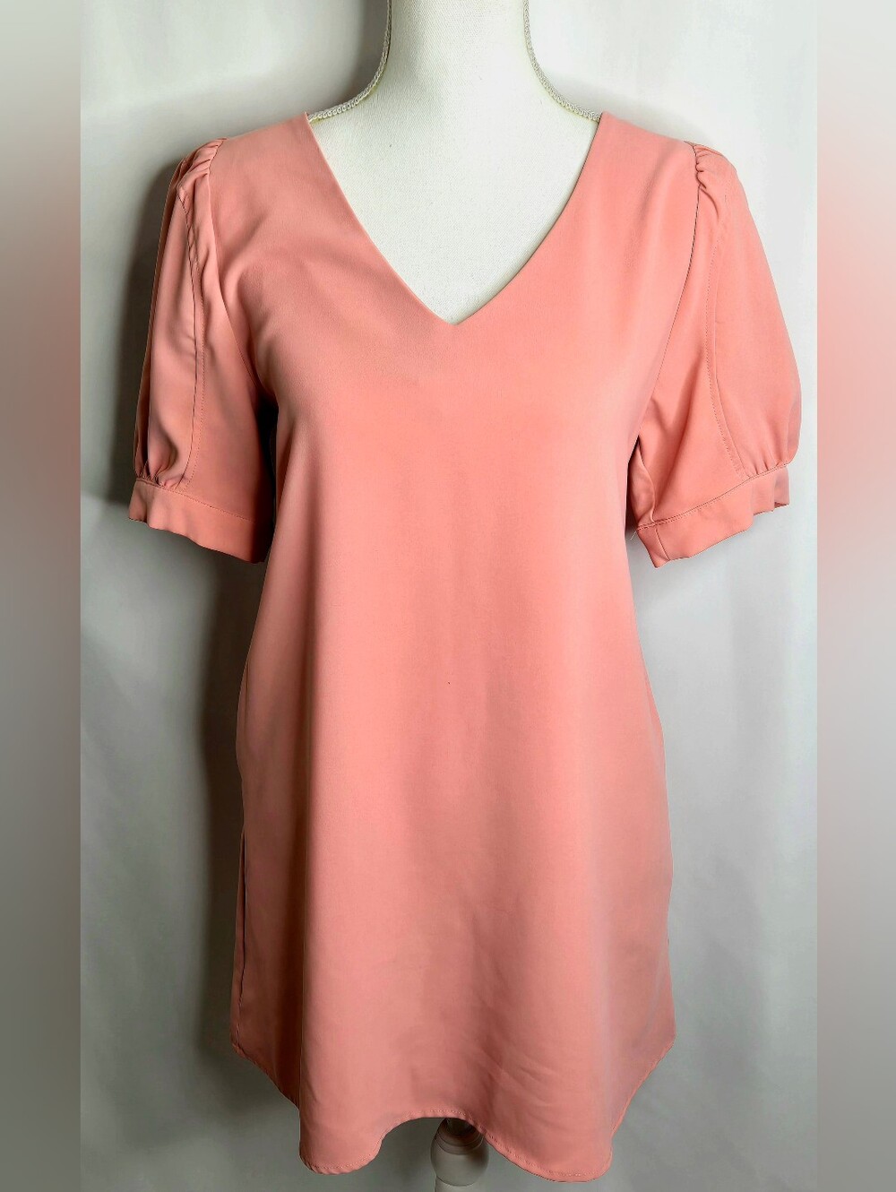 JODIFL Dusty Rose Puff Short Sleeve V-Neck Shift Mini Dress with Pockets NWOT S